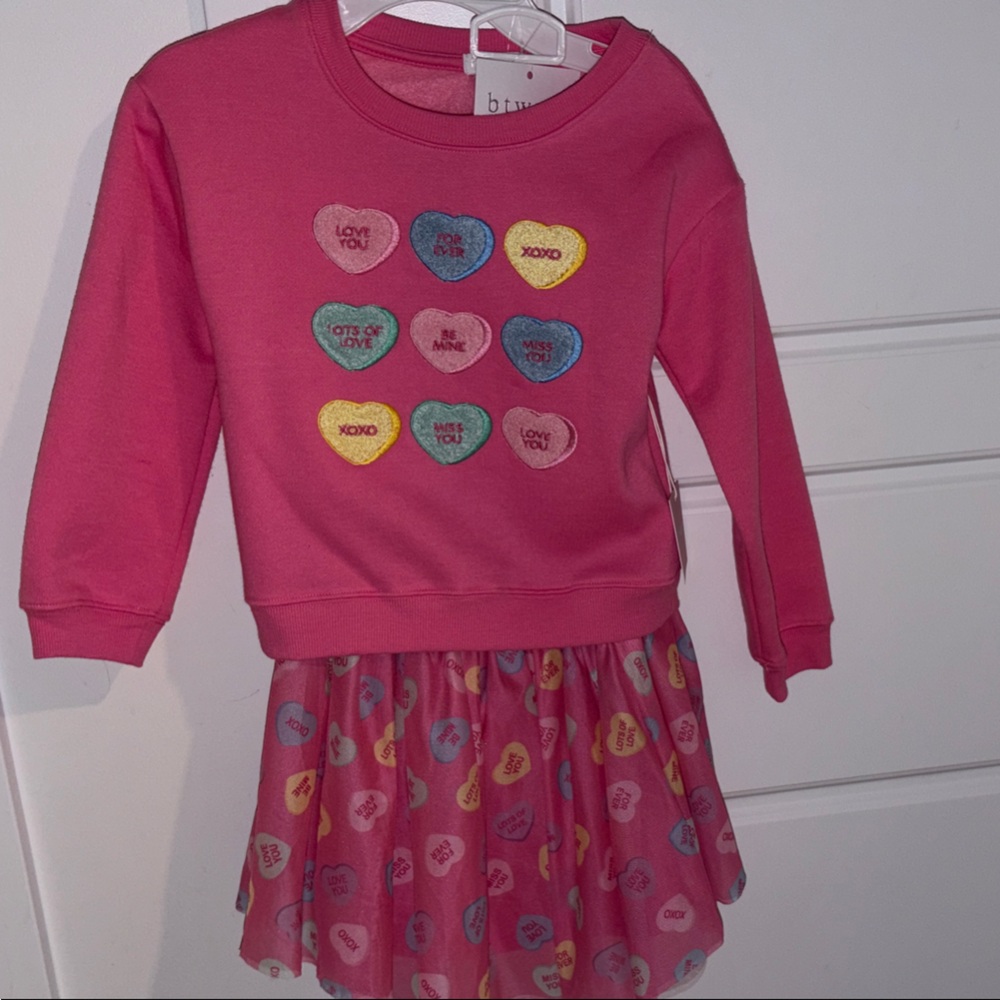 Girls Pink Heart Sweatshirt and skirt with Candy Heart Appliqués